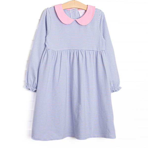  The Erin Long Sleeve Dress is featured in Periwinkle&nbsp; striped print, long sleeves. and a pink peter pan collar. 