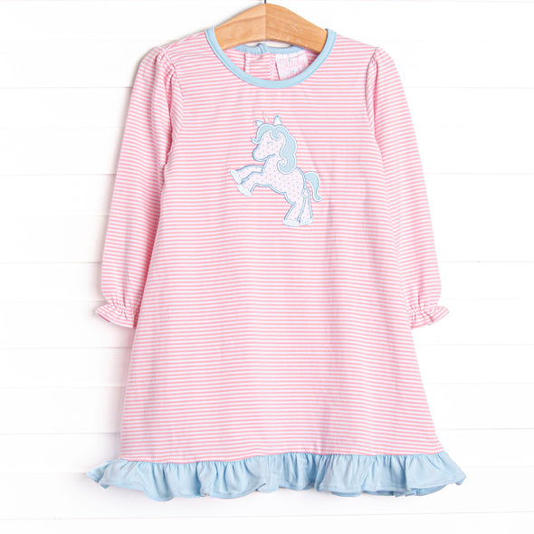 Prancin' Pony Applique Dress, Pink Stripe