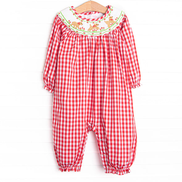 Chasing Tails Smocked Girl Romper, Red Check