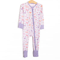 This zippy is made of the extremely soft, stretchy bamboo viscose fabric that feels like butter. With fold over cuffs at the feet so it can be worn as a romper or a zippy, a double zipper for easier diaper changes, and a magical animal print