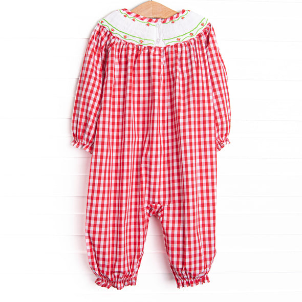 Chasing Tails Smocked Girl Romper, Red Check