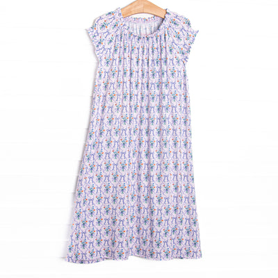 This night gown is made of the extremely soft, stretchy bamboo viscose fabric that feels like butter and features a purple floral print.