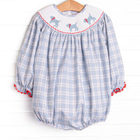 Plaid Pals Smocked Girl Bubble, Blue and Tan Plaid