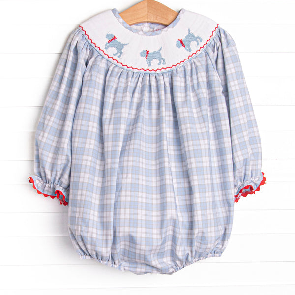 Plaid Pals Smocked Girl Bubble, Blue and Tan Plaid