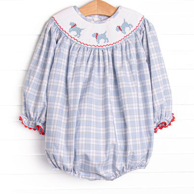 Plaid Pals Smocked Girl Bubble, Blue and Tan Plaid
