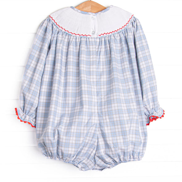 Plaid Pals Smocked Girl Bubble, Blue and Tan Plaid