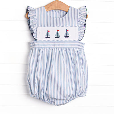 Bleu: Susannah Sails Smocked Bubble, Blue Stripe