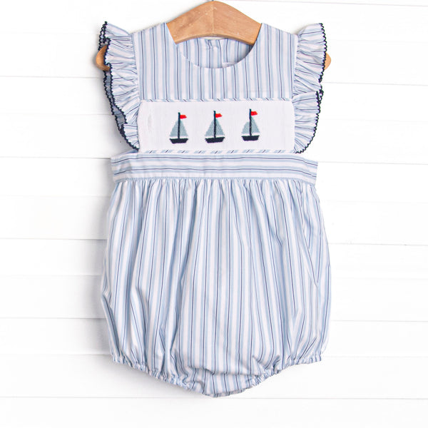 Bleu: Susannah Sails Smocked Bubble, Blue Stripe