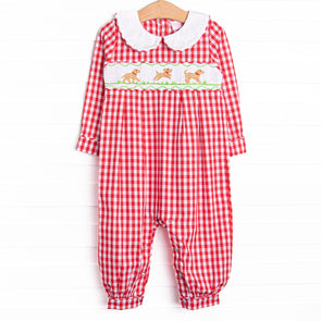 Chasing Tails Smocked Boy Romper, Red Check