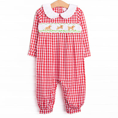 Chasing Tails Smocked Boy Romper, Red Check