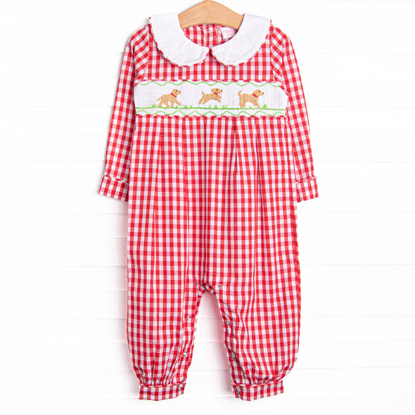 Chasing Tails Smocked Boy Romper, Red Check
