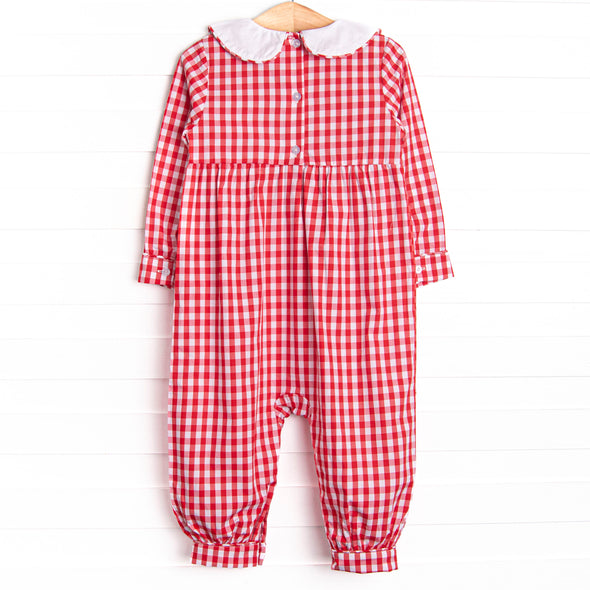 Chasing Tails Smocked Boy Romper, Red Check