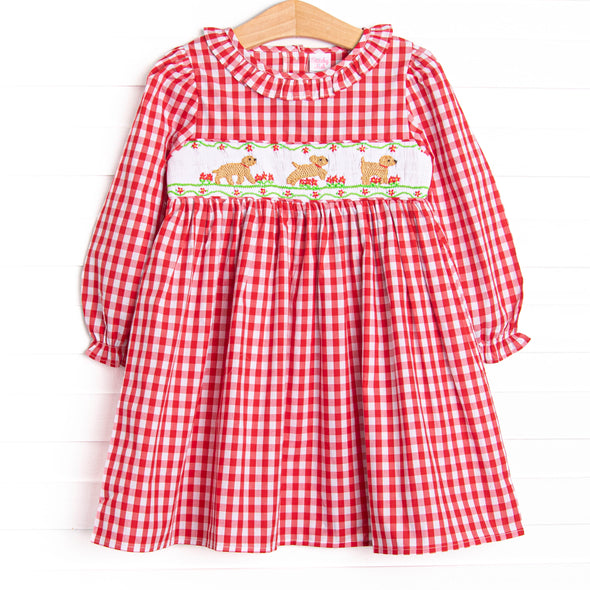 Chasing Tails Smocked Dress, Red Check