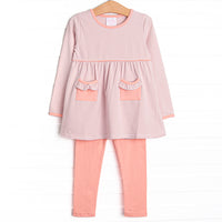  The set features soft knit material, dusty rose stripes, and coordinating pink leggings to match. 