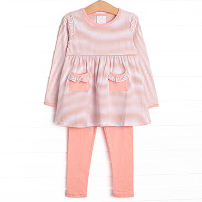  The set features soft knit material, dusty rose stripes, and coordinating pink leggings to match. 