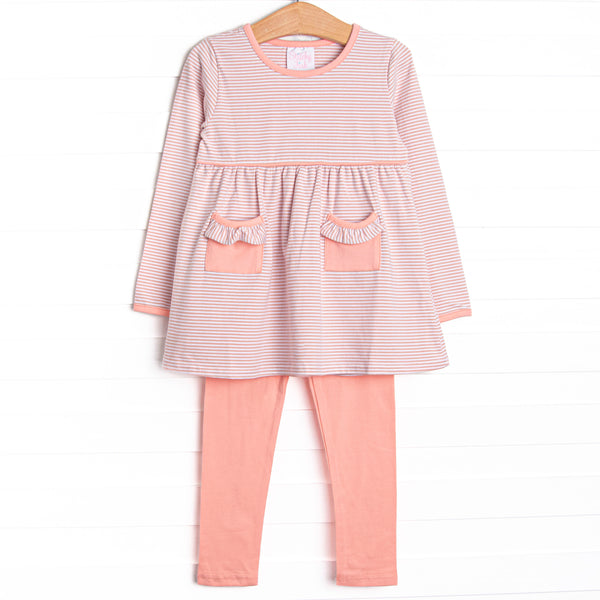  The set features soft knit material, dusty rose stripes, and coordinating pink leggings to match. 