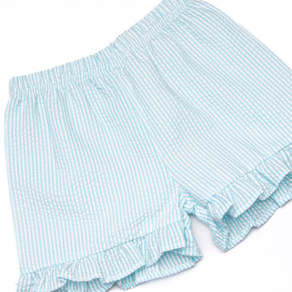 Cottontail Classic Embroidered Ruffle Short Set, Pink and Mint Seersucker