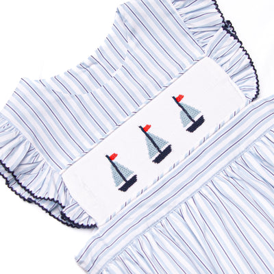 Bleu: Susannah Sails Smocked Bubble, Blue Stripe