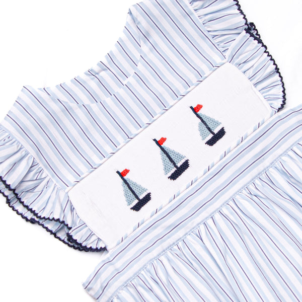 Bleu: Susannah Sails Smocked Bubble, Blue Stripe