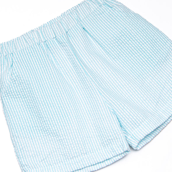 Cottontail Classic Embroidered Short Set, Blue and Mint Seersucker