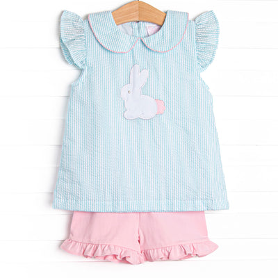 Cottontail Classic Applique Ruffle Short Set, Mint Seersucker