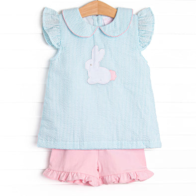 Cottontail Classic Applique Ruffle Short Set, Mint Seersucker