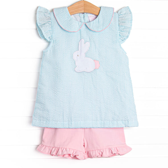 Cottontail Classic Applique Ruffle Short Set, Mint Seersucker