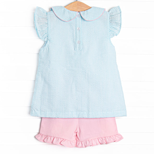 Cottontail Classic Applique Ruffle Short Set, Mint Seersucker