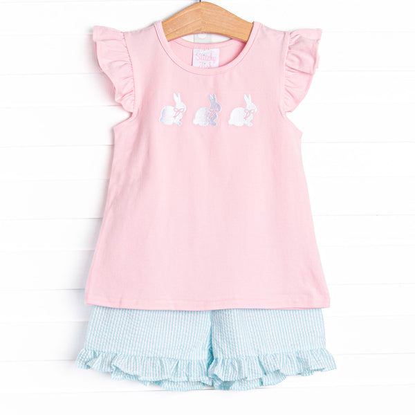 Cottontail Classic Embroidered Ruffle Short Set, Pink and Mint Seersucker