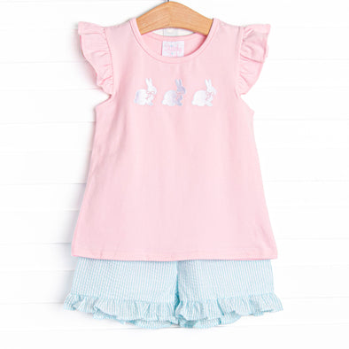 Cottontail Classic Embroidered Ruffle Short Set, Pink and Mint Seersucker