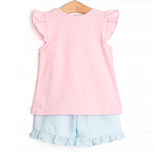 Cottontail Classic Embroidered Ruffle Short Set, Pink and Mint Seersucker