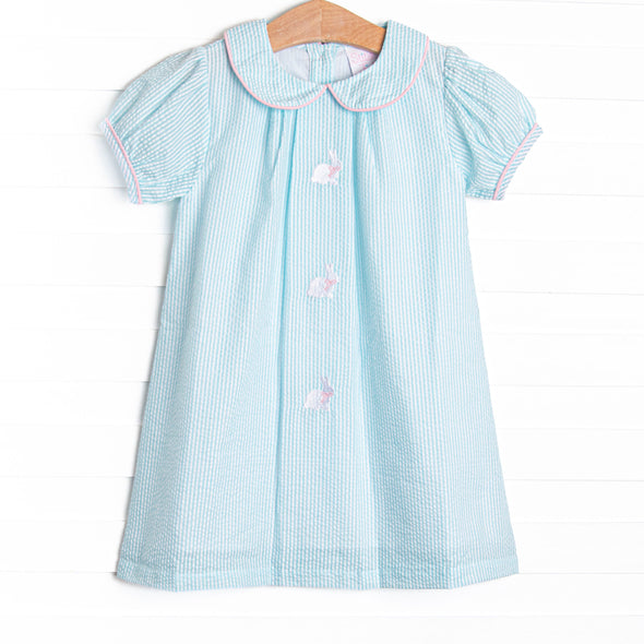 Cottontail Classic Embroidered Dress, Mint Seersucker