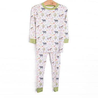 This set is made of the extremely soft, stretchy bamboo viscose fabric that feels like butter and features a farm animal print.