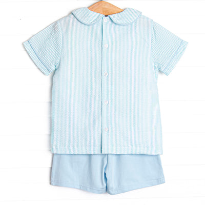 Cottontail Classic Applique Short Set, Mint Seersucker