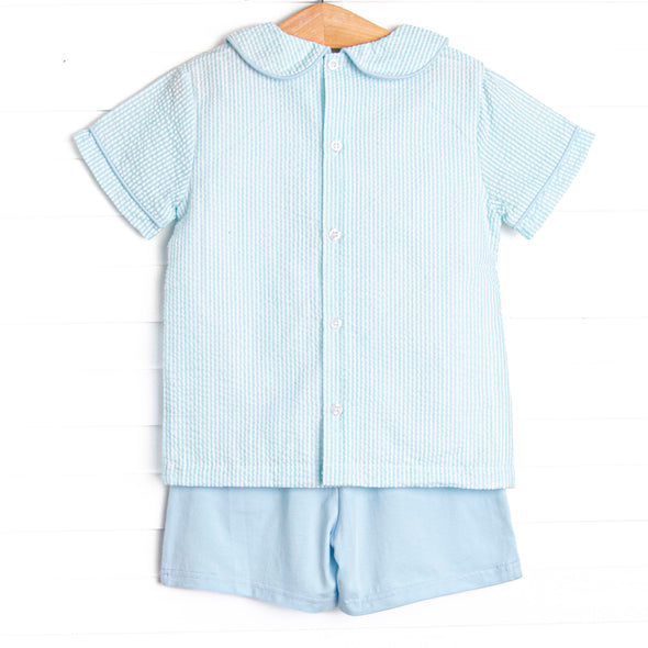 Cottontail Classic Applique Short Set, Mint Seersucker