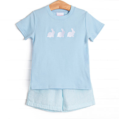 Cottontail Classic Embroidered Short Set, Blue and Mint Seersucker