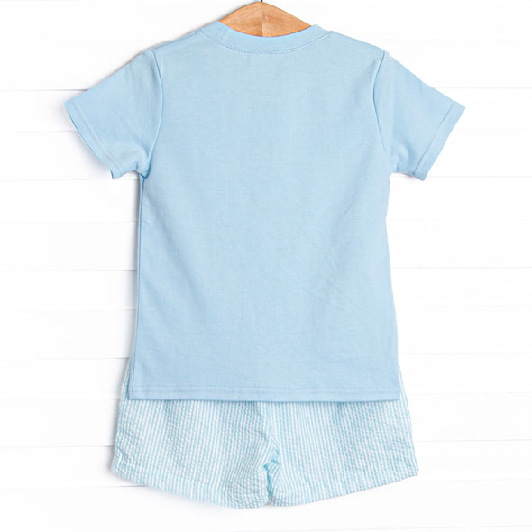 Cottontail Classic Embroidered Short Set, Blue and Mint Seersucker