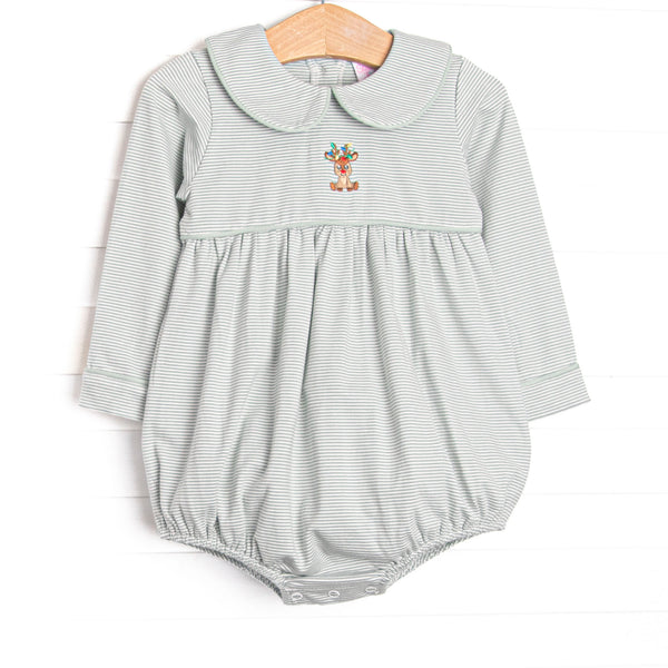  This bubble features green striped fabric, a Rudolph embroidery, and a Peter Pan collar. 