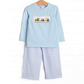 Caution Construction Smocked Pant Set, Blue