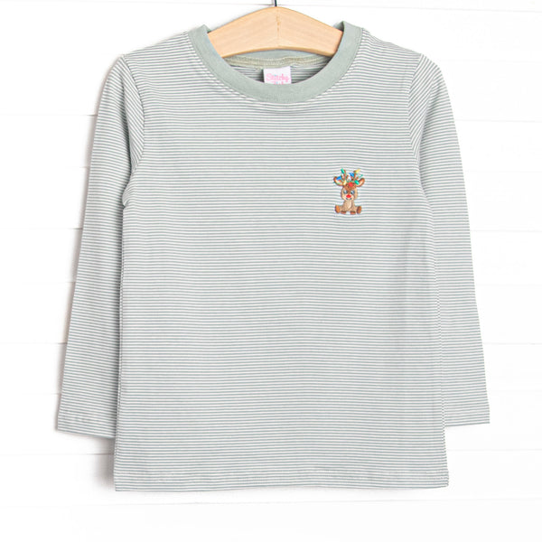 This top features green striped fabric, a Rudolph embroidery, and long sleeves.