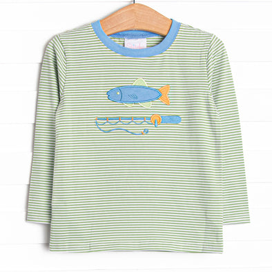 Reely Big Catch Applique Top, Green Stripe