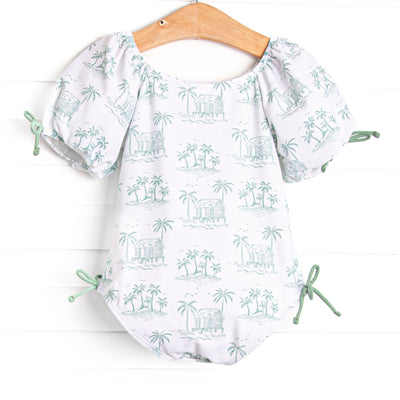 Pacific Palms Puff Sleeve One Piece, Green