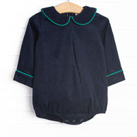 This bubble features a blue corduroy material, a peter pan collar, and green trim.