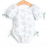 Pacific Palms Puff Sleeve One Piece, Green