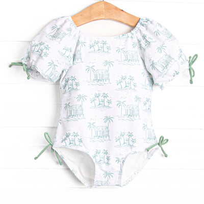 Pacific Palms Puff Sleeve One Piece, Green