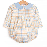 This bubble features a blue plaid print, blue peter pan collar, and blue trim.