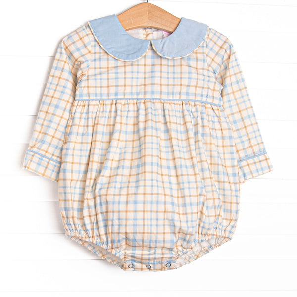 This bubble features a blue plaid print, blue peter pan collar, and blue trim.