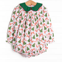 This bubble features a Christmas tree and ribbon print, a green scalloped collar and red picot trim.