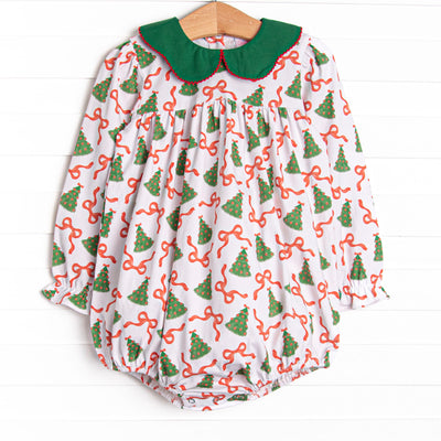 This bubble features a Christmas tree and ribbon print, a green scalloped collar and red picot trim.