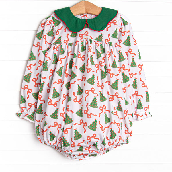 This bubble features a Christmas tree and ribbon print, a green scalloped collar and red picot trim.